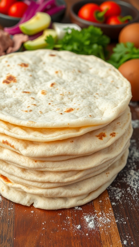 A stack of warm homemade flour tortillas on a wooden table, surrounded by fresh ingredients.